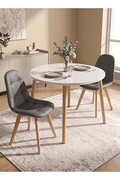 Taimi 3-Piece Modern Dining Set Round White Table 80x80x72cm With 2 Gray Leat...