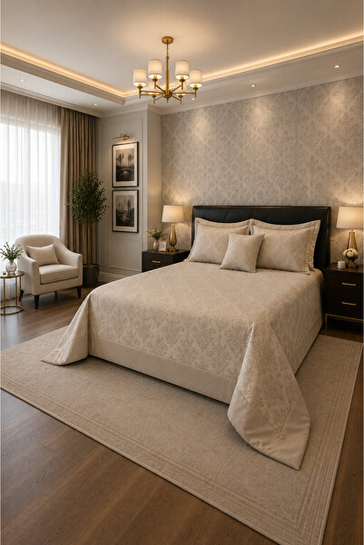 AYBERK HOME TEXTİLE Evin Bedspread Set Double Fiber Filled Panel Velvet Beige