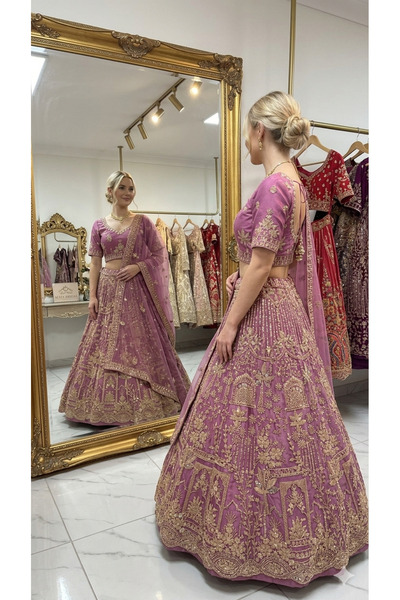 Aashiv's Collection Gelinlik Hint Lehenga Choli Takımı Mor İşlemeli