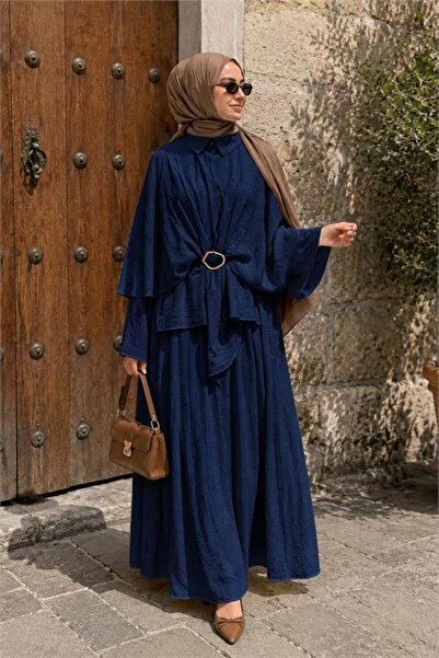 Neşeli Butik pelerină de damă bleumarin cu detaliu de cataramă în talie, set ...