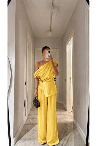 TİENDEROPA Women's One-Shoulder Cupra Two-Piece Set - Asymmetrical Cut Blouse...