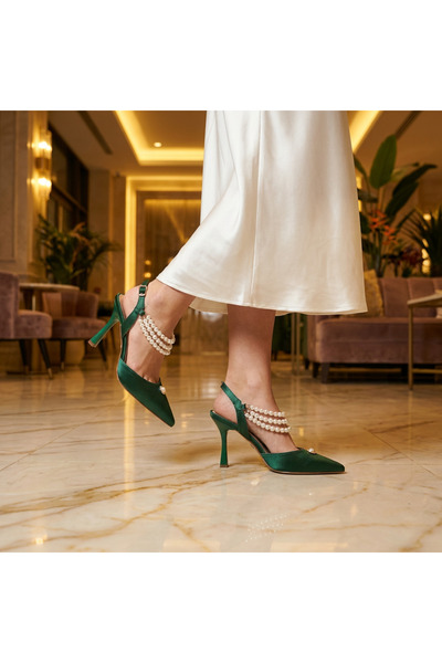 Letafia Alison Green Pearl Detailed Heeled Shoes