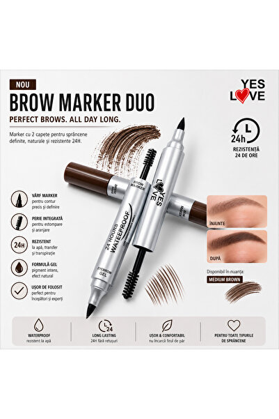 yes love Marker Sprâncene Duo 2 în 1 – Marker + Gel Fixare Rimel Colorat, Rez...