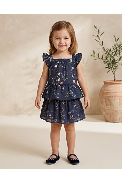 Ozmoz By Mukadder Özden Organic Floral Ruffled Navy Blue Summer Little Girl's...