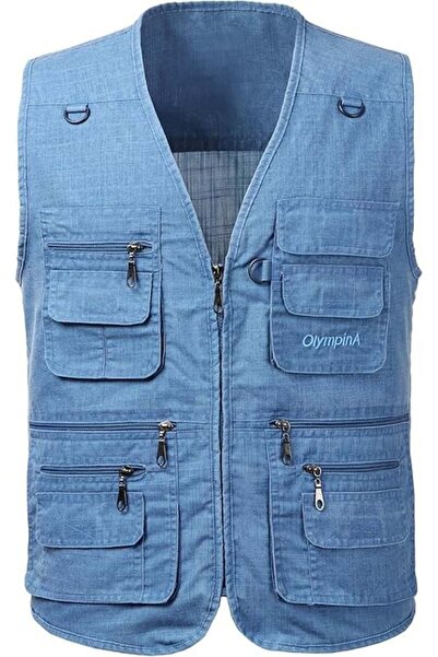 OEM Blue denim vest with zipper and pockets for outdoor activities, 6XL