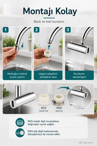 Tilbe Home 4 Modlu 360° Döner Akıllı Musluk Başlığı Şelale Fıskiye Mutfak Armatür Lavabo Batarya Çeşme Ucu