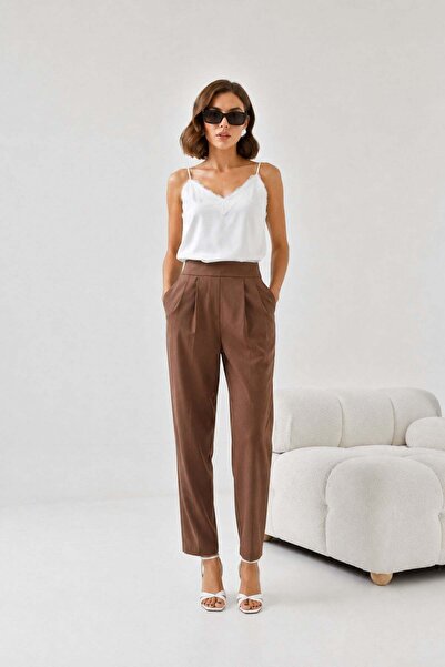 FTZ WOMEN Ženske elastične plisirane uske pantalone smeđe 30744