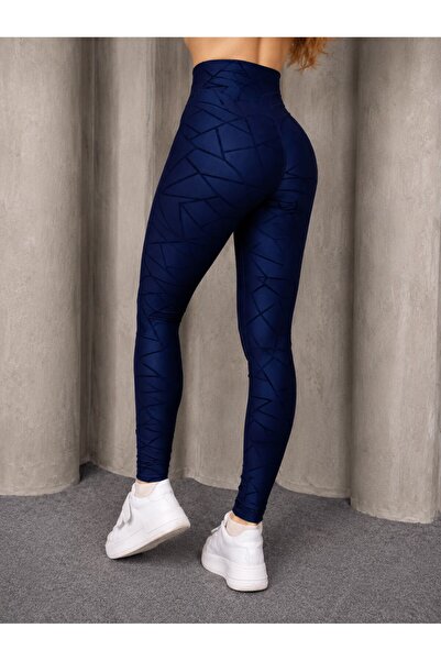 Agolady Navy Blue Women's Patterned Diving Fabric Leggings – High Waist, Tummy Control