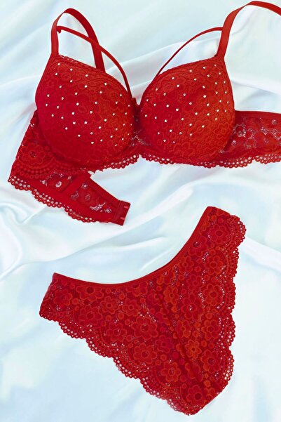 DNR İç Giyim Stone Embellished Supportive Bra Set Red