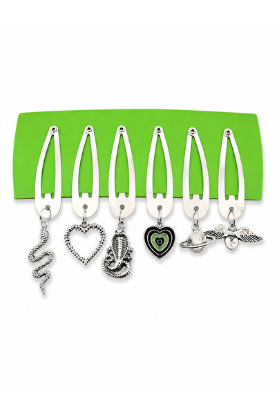 DEEFWEAR Set of 6 Charm Detailed Metal Snap Clips Silver Color Y2K Hair Acces...
