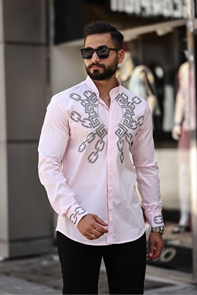 BAYIM Geometrik Zincir Desenli Slim Fit Hakim Yaka Taş İşlemeli Erkek Gömlek