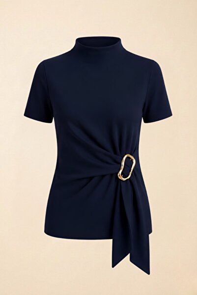 Potenza Women's T-Shirt Short Sleeve High Neck with Buckle and Tie Detail at ...