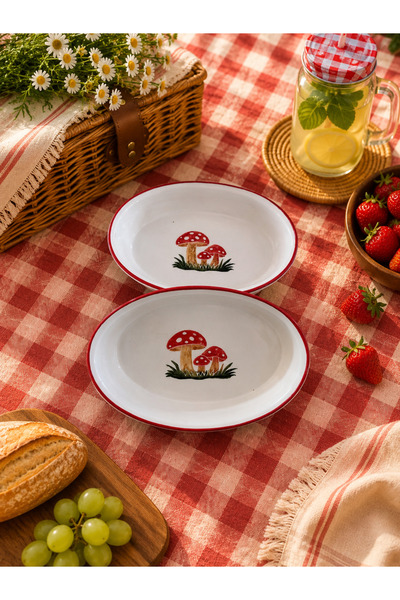 Yasvera Ceramics 2’li mantar desen Oval derin salata kasesi