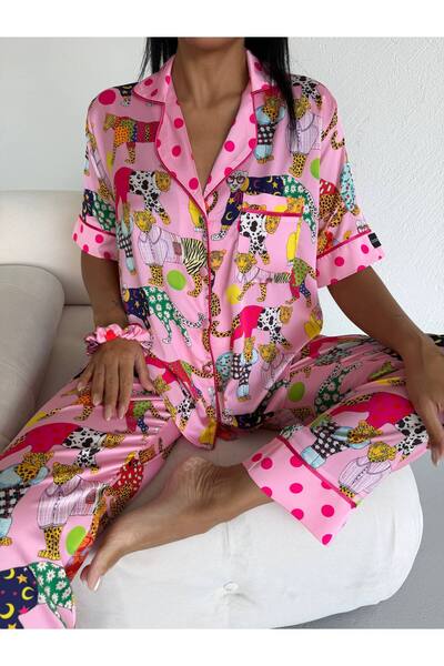 Pijamaya Premium Saten Kumaş Düğmeli Kısa Kollu Uzun Pijama Takımı - Bandaj v...