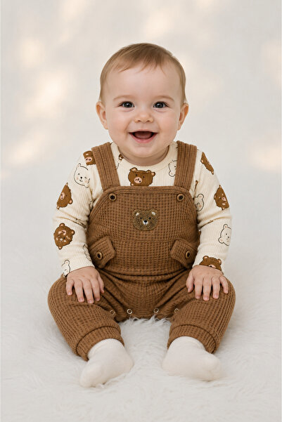 EYMİRGİYİM Cotton Teddy Bear Motif Waffle Fabric Baby Boy 3-Piece Romper 3 Mo...