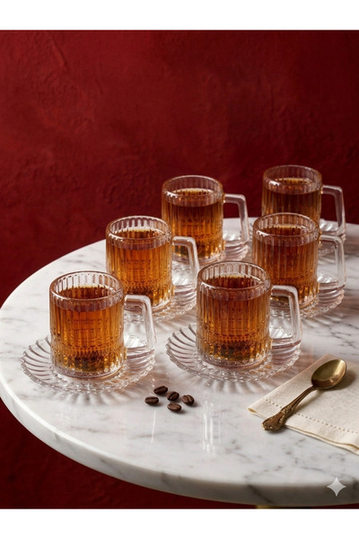 çukurova home 6' lı Kulplu ve Tabaklı Modern Desenli Çay Kupası ( 160 ml )