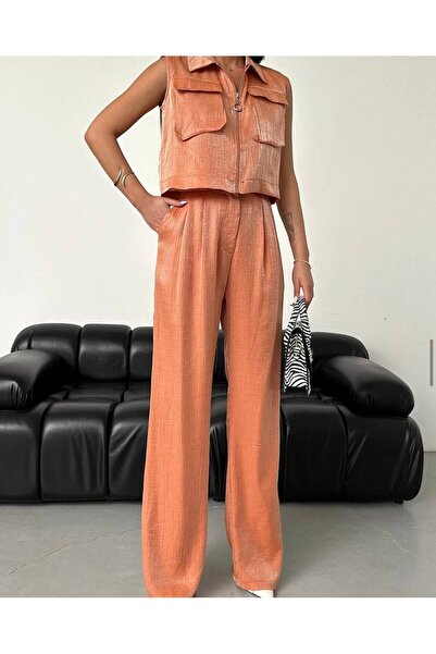HepsitrentStore Orange Color Glitter Vest Top and Bottom Set