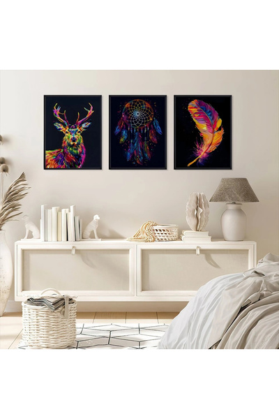 KOLAJTASARIM Set de picturi din lemn cu 3 piese, cu ramă neagră, Colorful Wil...