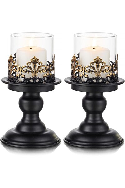 OEM Set de 2 suporturi pentru lumanari vintage negre, metalice, cu abajur din...