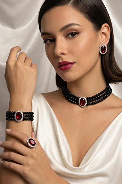 Happyline Oval Taşlı Siyah İncili Choker Set Takım, Siyah Cam İncili Kolye , ...