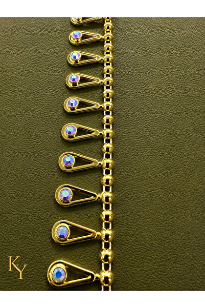KAYA ARNİCA TEKSTİL Stone-Embellished Dangle Ribbon (Gold) 1.5cm – (1 Meter) ...