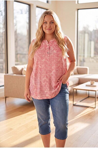RMG Patterned Sleeveless Plus Size Blouse Fuchsia