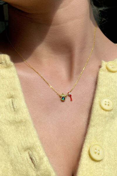 Spossy Silver Jewelry 925 Ayar Gümüş, Gold, İncili, Yeşil Minimal Yuvarlak Kolye