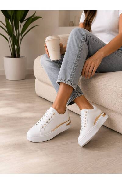 KADIN BEYAZ GOLD DETAYLI RAHAT BAĞCIKLI GÜNLÜK/CASUEL SNEAKER SPOR AYAKKABI