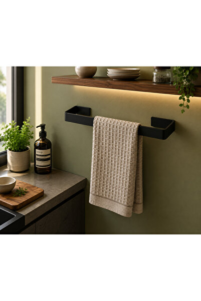 YDGR Siyah Metal Havlu Askısı Yapışkanlı – Banyo Mutfak Duvar Tipi Havluluk 40x7 Cm