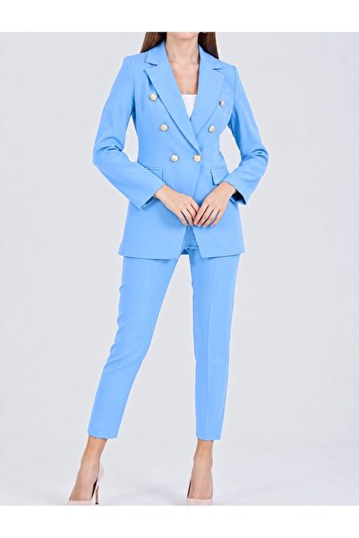 pembekurdelem Women's Blazer Jacket Belted Trousers Suit Baby Blue