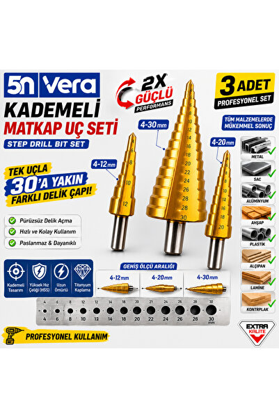 5NVERA 3'lü Kademeli Matkap Ucu Seti | 4-12 mm, 4-20 mm, 4-30 mm | Titanyum K...
