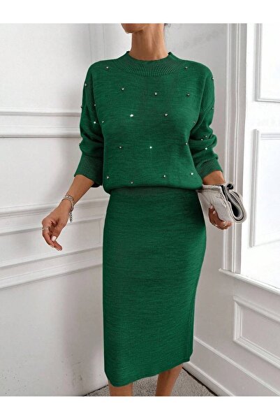 Iuliashop Set tricotat Daniella cu fustă midi verde și strasuri - M