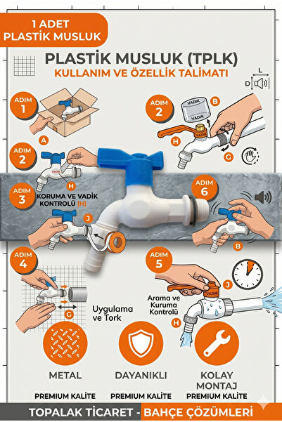 TOPALAKTİCARET Plastik Bahçe Musluğu 1/2 İnç - Plastik Başlıklı Sızdırmaz Dayanıklı Musluk Kolay Montajlı Ekonomik