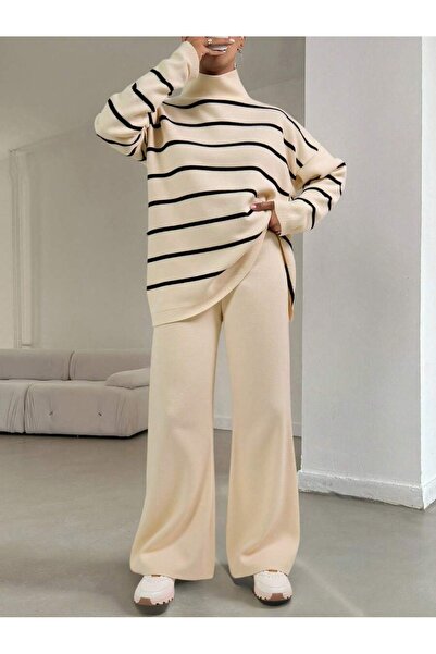 Iuliashop Trening tricotat Emily crem cu dungi negre