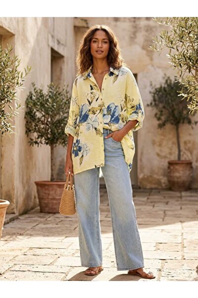 espoire butik kadın italyan keten oversize desenli gömlek 42 44 46 48 bedenle...
