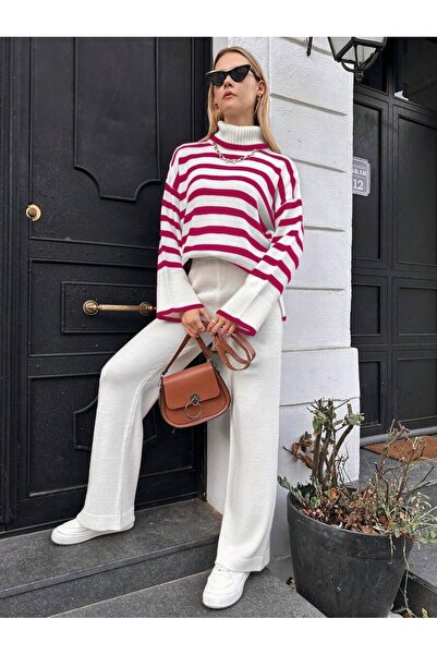Iuliashop Knitted Set with White Martine Pants with Red Stripes - L