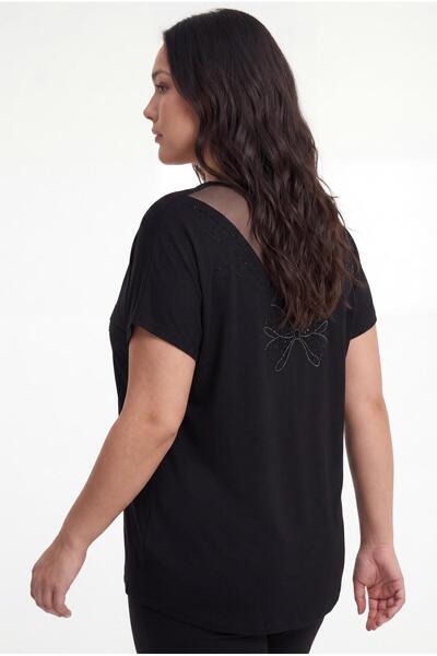 Ebsumu Women's Plus Size Black Blouse with Tulle Detail on the Back and Stones