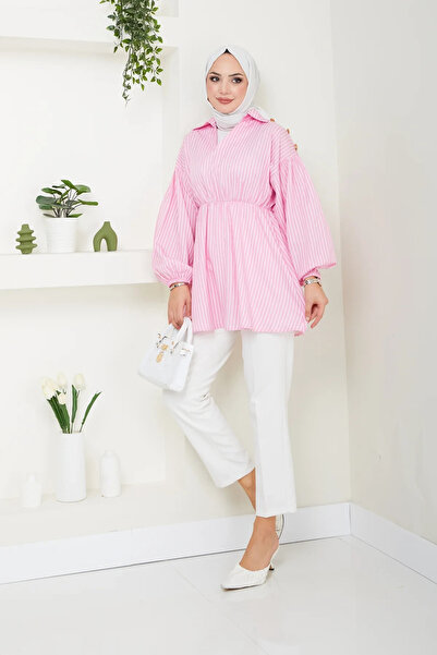 TATULA Striped Shirt with Elastic Waist and Button Detail on the Shoulders