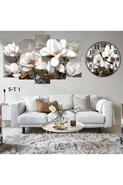 BellaaaModa Çiçekli Dekoratif Desenli Mdf Tablo 5 Parça Set ve Saatli Takım, ...