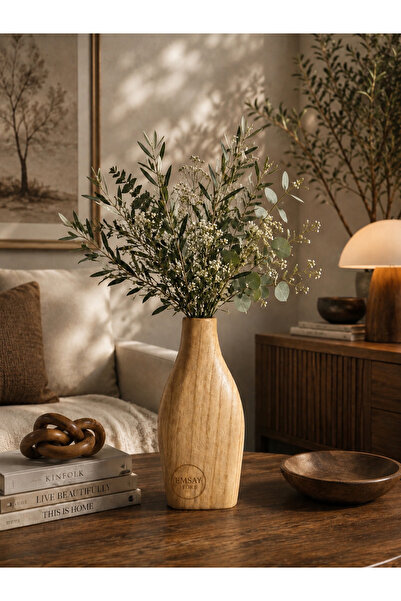 Emsay Store Luxury Home Uzun Bohem Modern Dekoratif Ahşap Görünümlü Vazo 22 CM