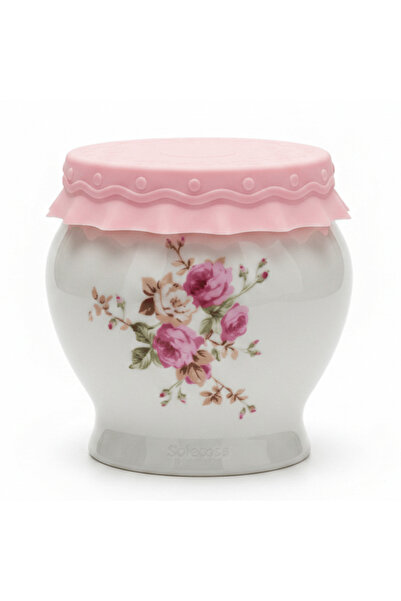 AKDC Solecasa White Ceramic Honey Jar with Floral Design & Pink Silicone Lid ...