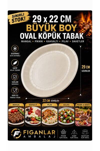 figanlar ambalaj 29x22 cm Büyük Boy Oval Köpük Tabak - Mangal, Piknik, Kahval...