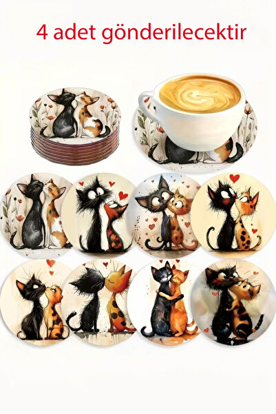 Aşk Temalı Kedi Desenli Ahşap Bardak Altlığı 10 cm Dekoratif 4'lü Karışık Coaster Seti - Kedili Kitap Ayracı Hediyeli
