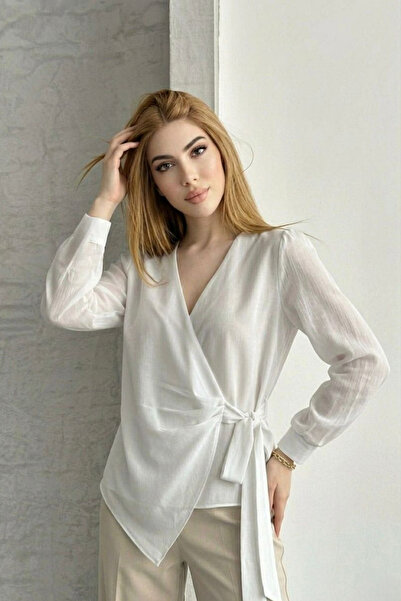 sunfyre Women's Double-Breasted Collar Side-Tie Chiffon Blouse Sun298