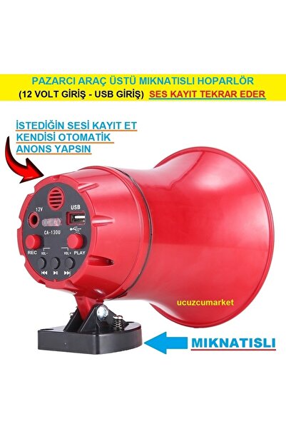 Uygun Pazarcı Araç Üstü Anons Hoparlör (Mıknatıslı-Usb Giriş-Dahili Hafıza)