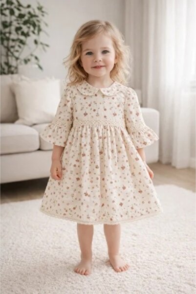 Pure Boutique Rochita fetita ivoire cu imprimeu floral maneci evazate guler r...