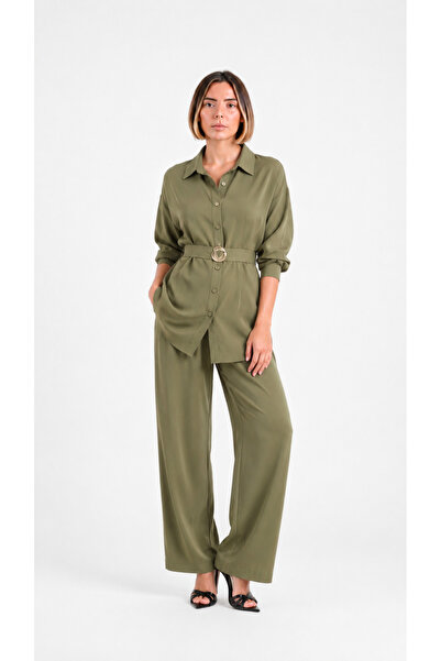 Caddebostan Moda Belt Detailed Shirt and Wide Leg Pants Women's Two-Piece Set