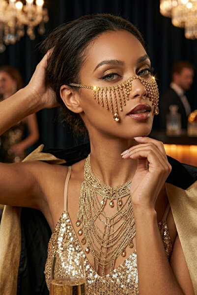 PERLMUTT Gold Parlak Taşlı Yüz Takısı Kristal Sallantılı Kadın Aksesuarı Fest...