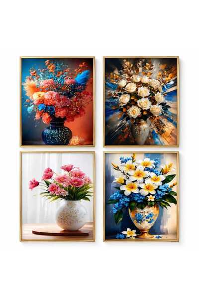 Issa 4 Tablouri Decorativ 30x40cm, Model Floral Efect 3D, din Plastic Aurie
