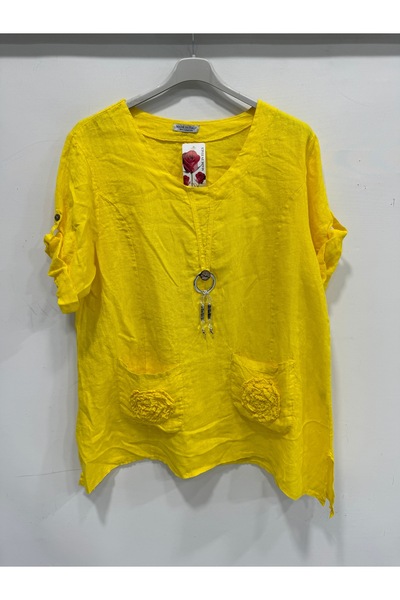 della moor Women's Yellow Italian Folded Short Sleeve Oversize Linen Tunic Si...